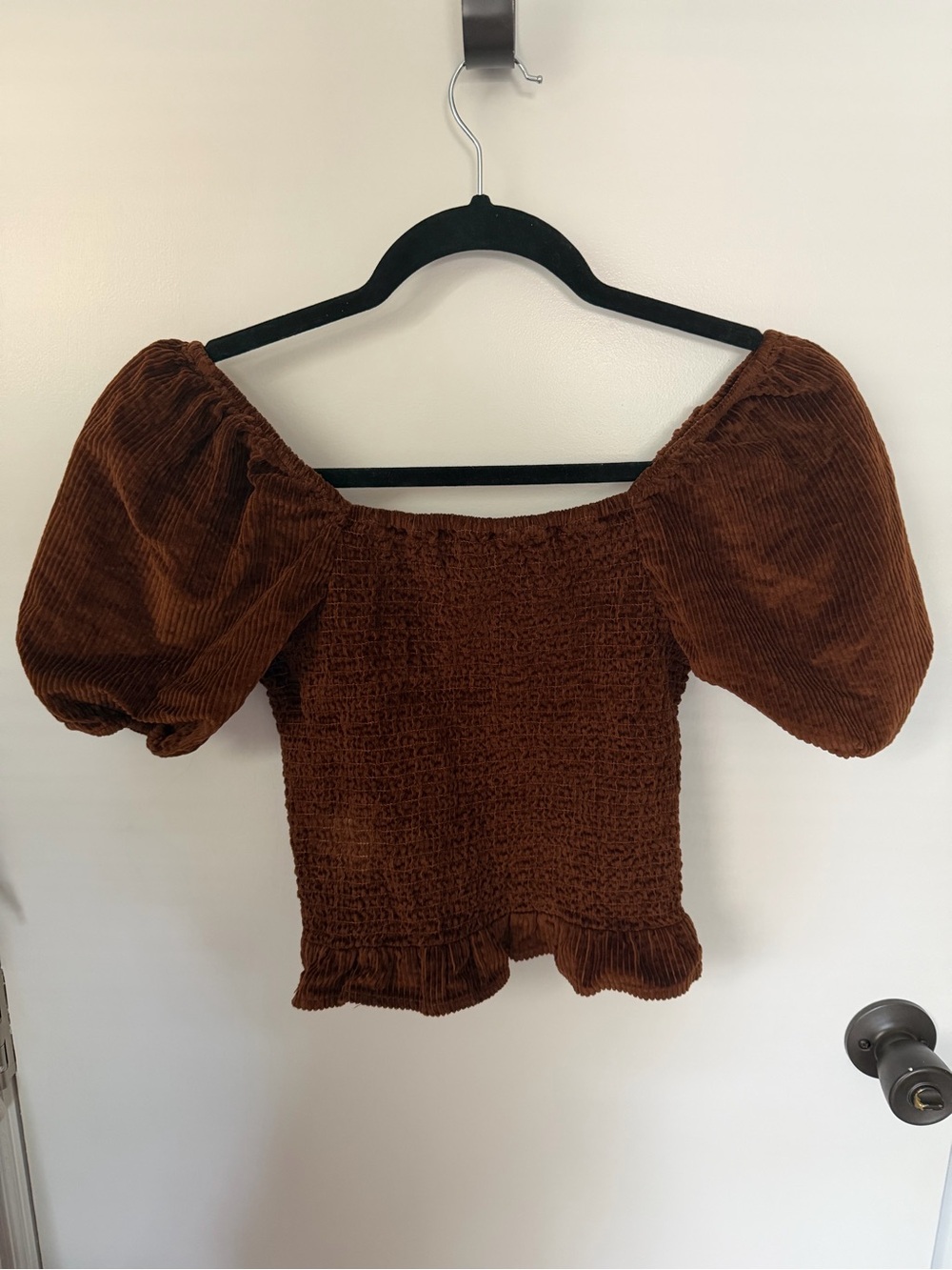 American Eagle Brown Corduroy Smocked Puff Sleeve Top size xs